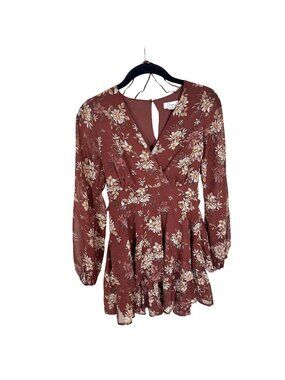 Womens Floral Tunic Top Chiffon XS Japna Long Sleeve Fairy Brown V Neck Flowy